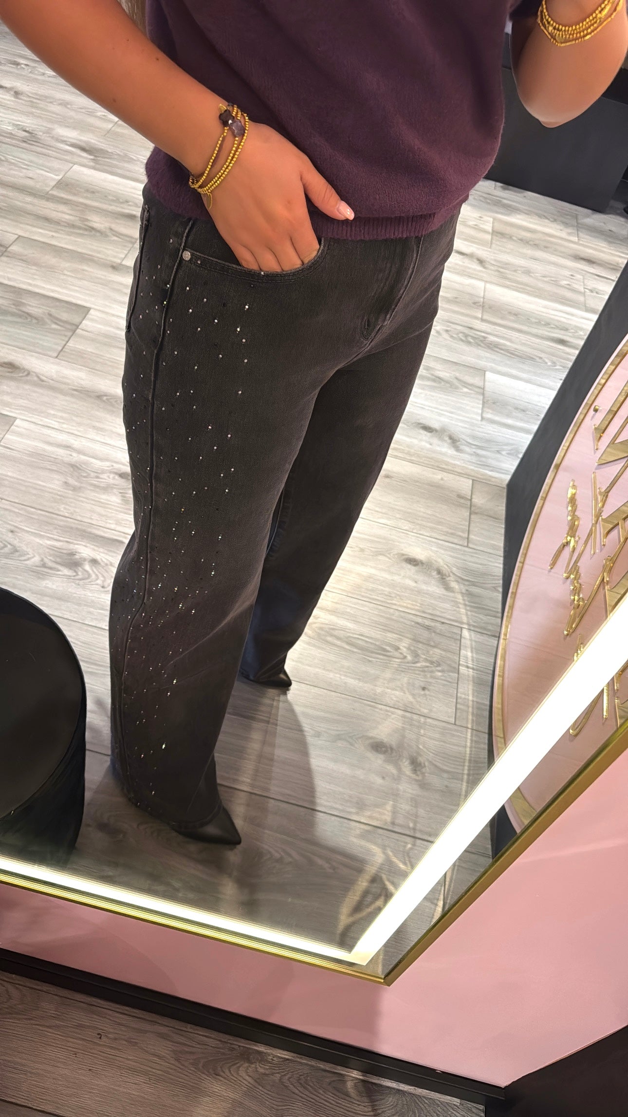 Wide Leg Jeans Zwart Strass 0050