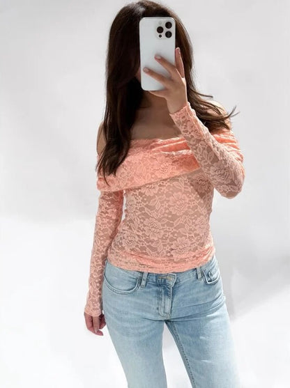 Luna Off Shoulder Lace Top Peach ByMila