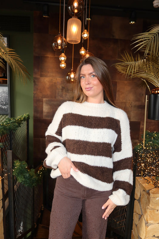 Soft Knitted Trui Streep Bruin/Off White