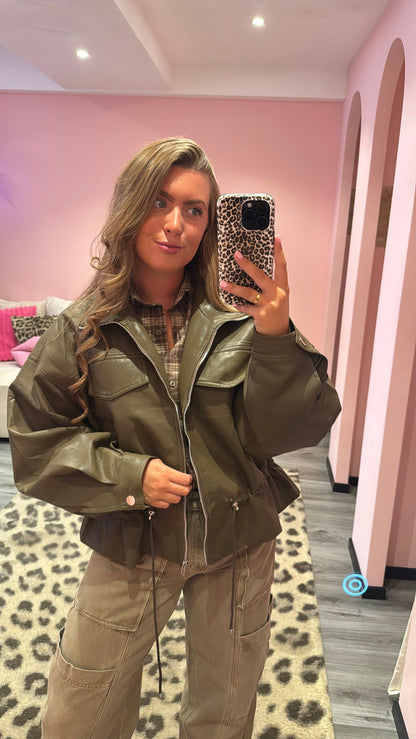 Nova Leather Jacket Army Groen