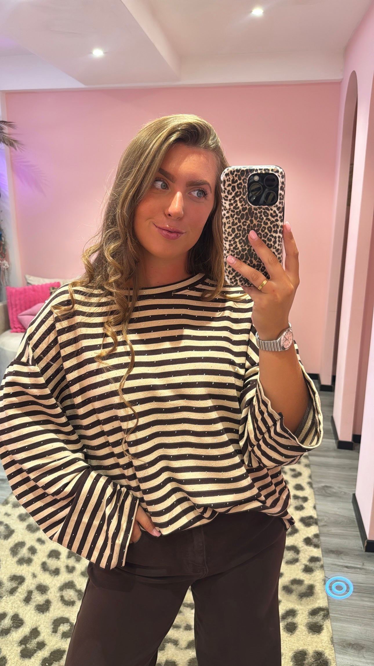 Striped Strass Longsleeve Beige/Bruin