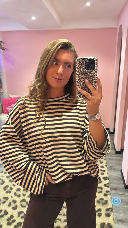 Striped Strass Longsleeve Beige/Bruin