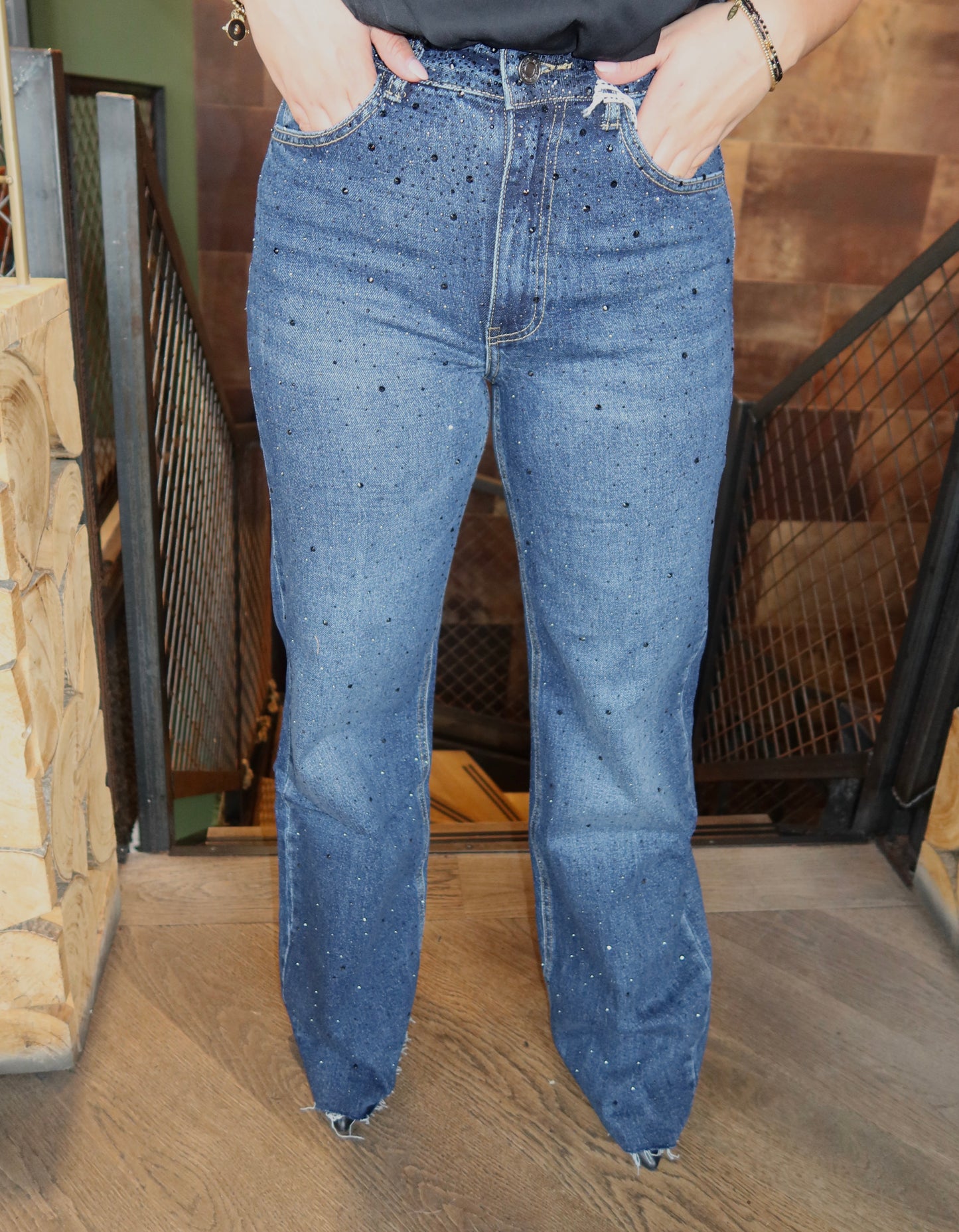 Wide Leg Jeans Queen Hearts Strass Extra Lang 3868