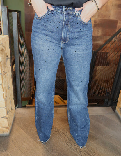 Wide Leg Jeans Queen Hearts Strass Extra Lang 3868