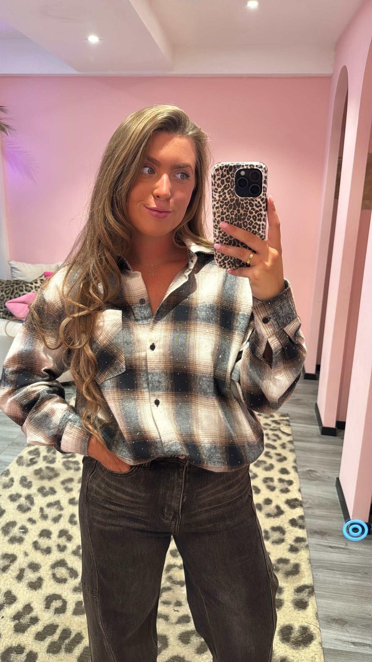 Checkered Flannel Sparkle Blouse Bruin/Beige 5708
