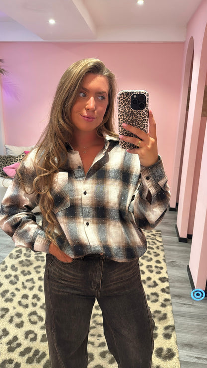 Checkered Flannel Sparkle Blouse Bruin/Beige 5708
