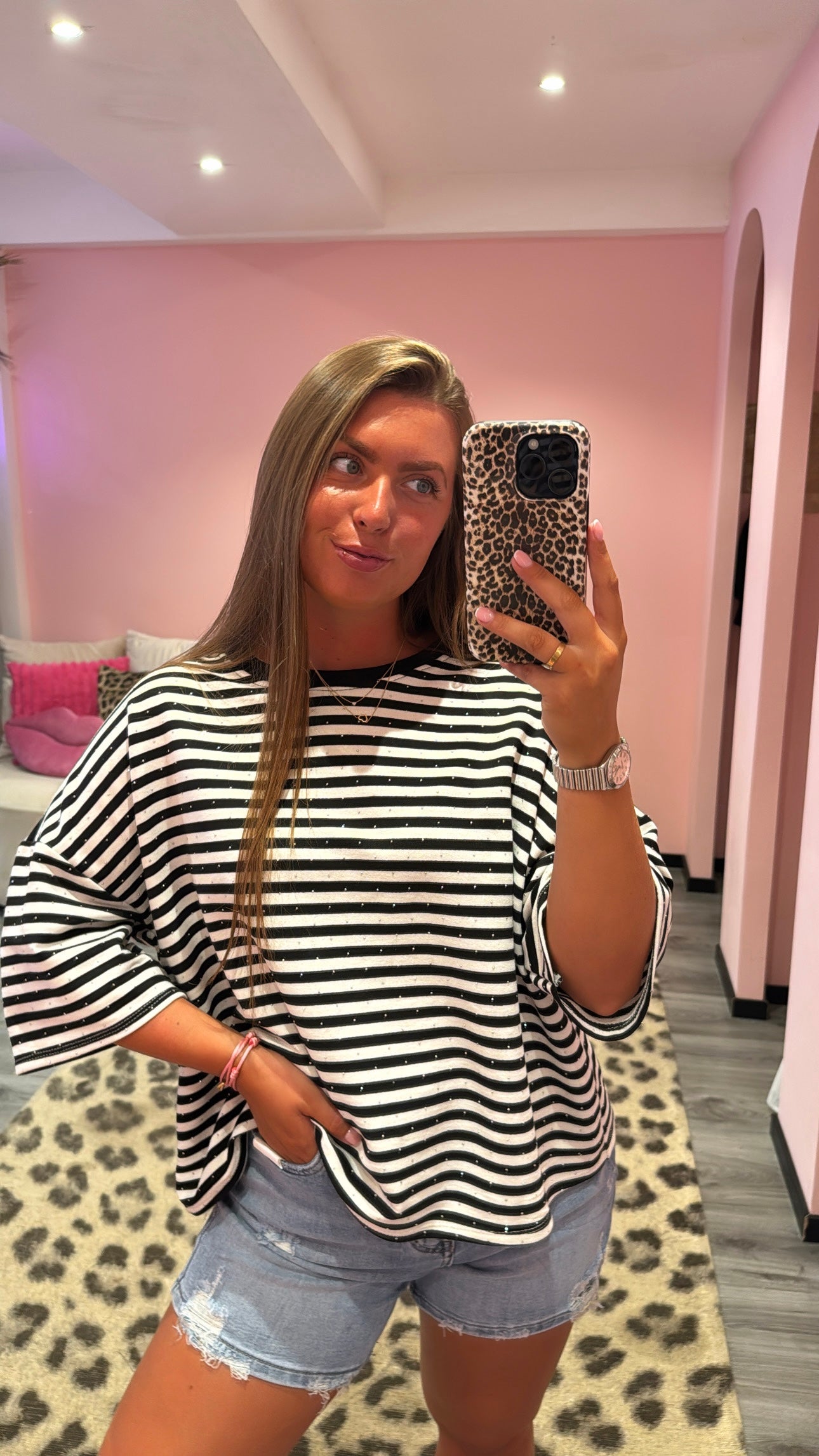 Striped Strass T-Shirt Zwart/Wit