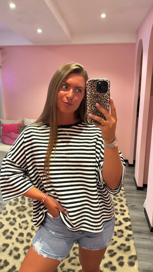 Striped Strass T-Shirt Zwart/Wit