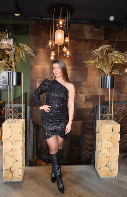 One Shoulder Paillet Jurkje Zwart