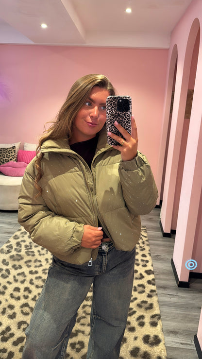 Strass Puffer Jacket Olive Groen