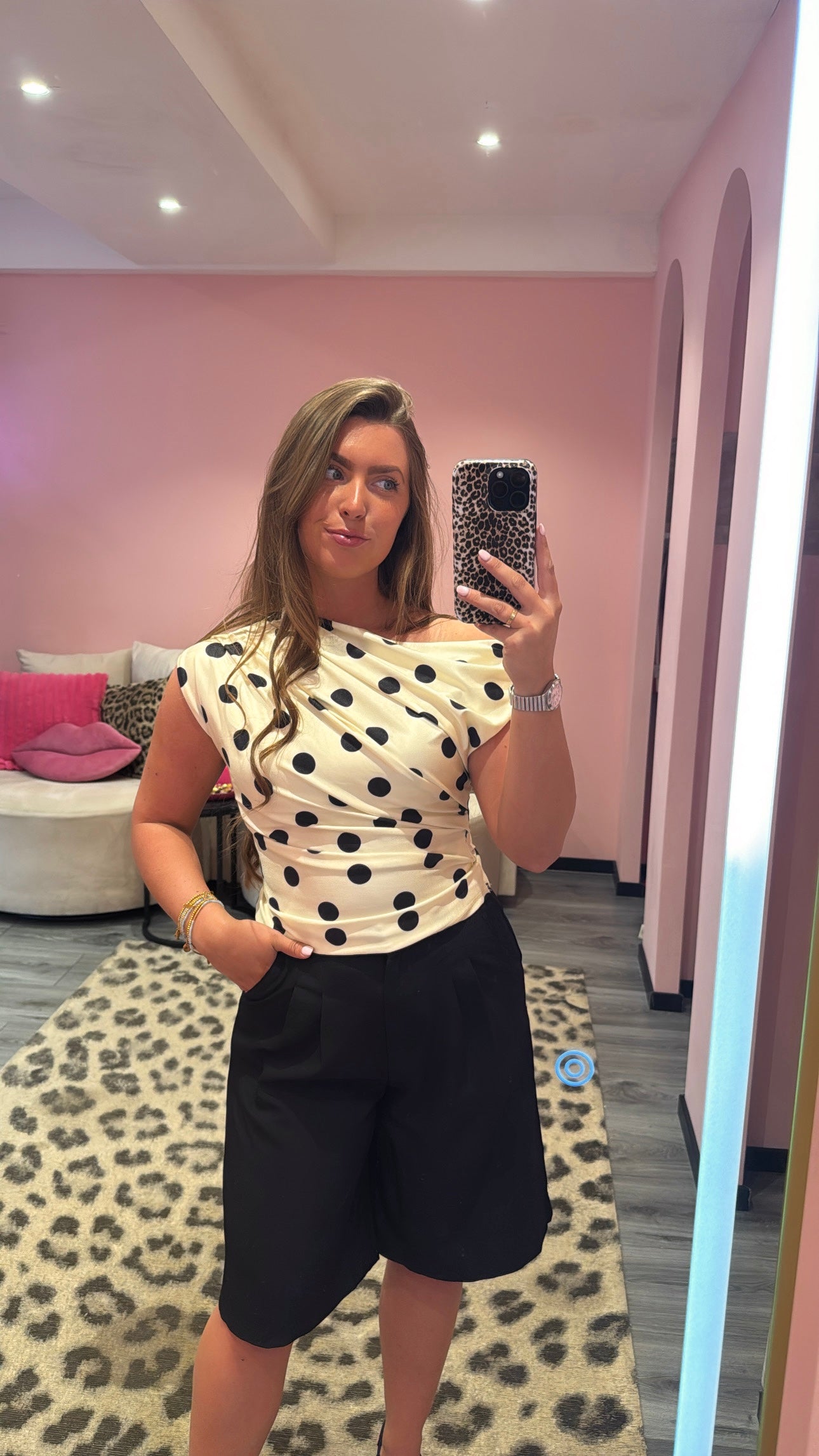 Polka Dots Smocked One Shoulder Top Butter Yellow/Zwart