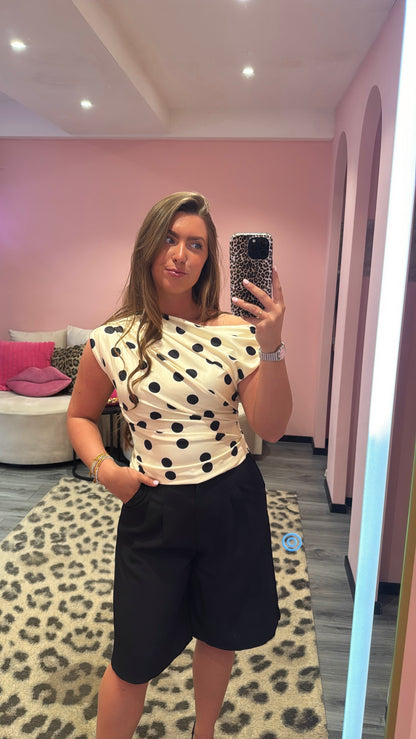 Polka Dots Smocked One Shoulder Top Butter Yellow/Zwart