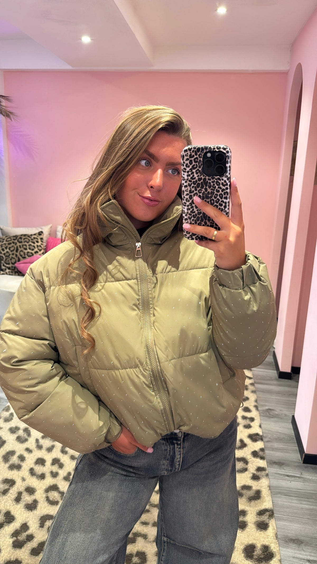 Strass Puffer Jacket Olive Groen