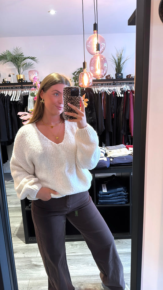 Knitted V Hals Trui Off White