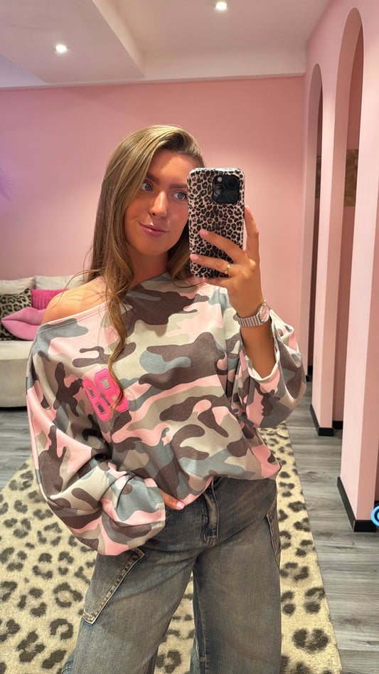 Camouflage Off Shoulder Sweater Roze 514-1