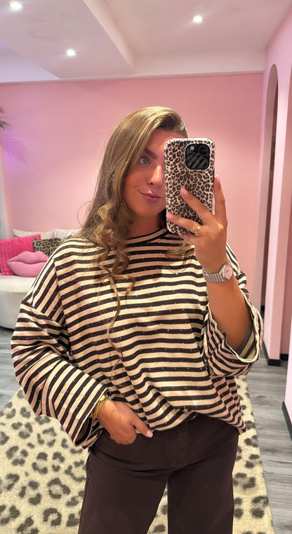 Striped Strass Longsleeve Beige/Bruin