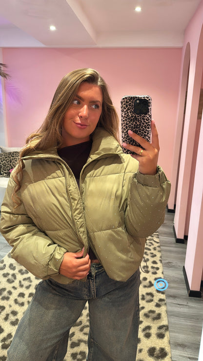 Strass Puffer Jacket Olive Groen