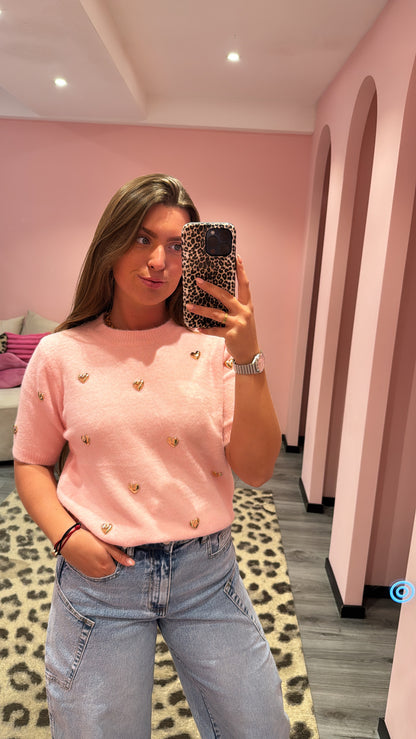 Knitted Hearts Top Roze