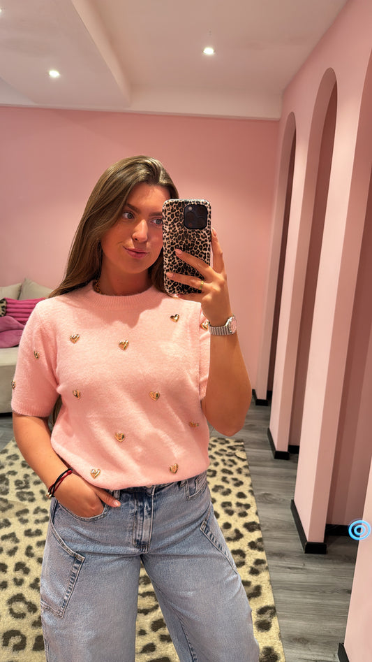 Knitted Hearts Top Roze