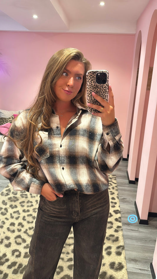 Checkered Flannel Sparkle Blouse Bruin/Beige 5708