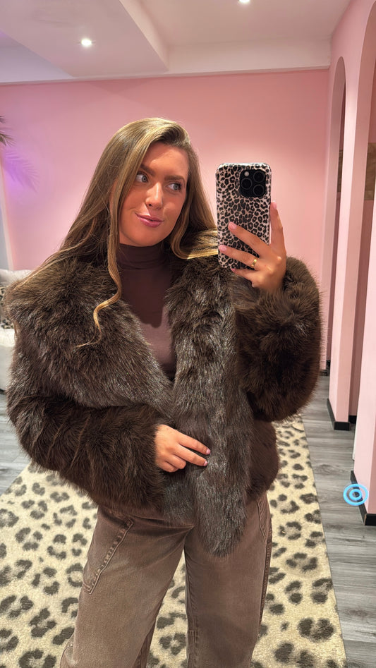 Milano Faux Fur Jacket Brown Capuchon