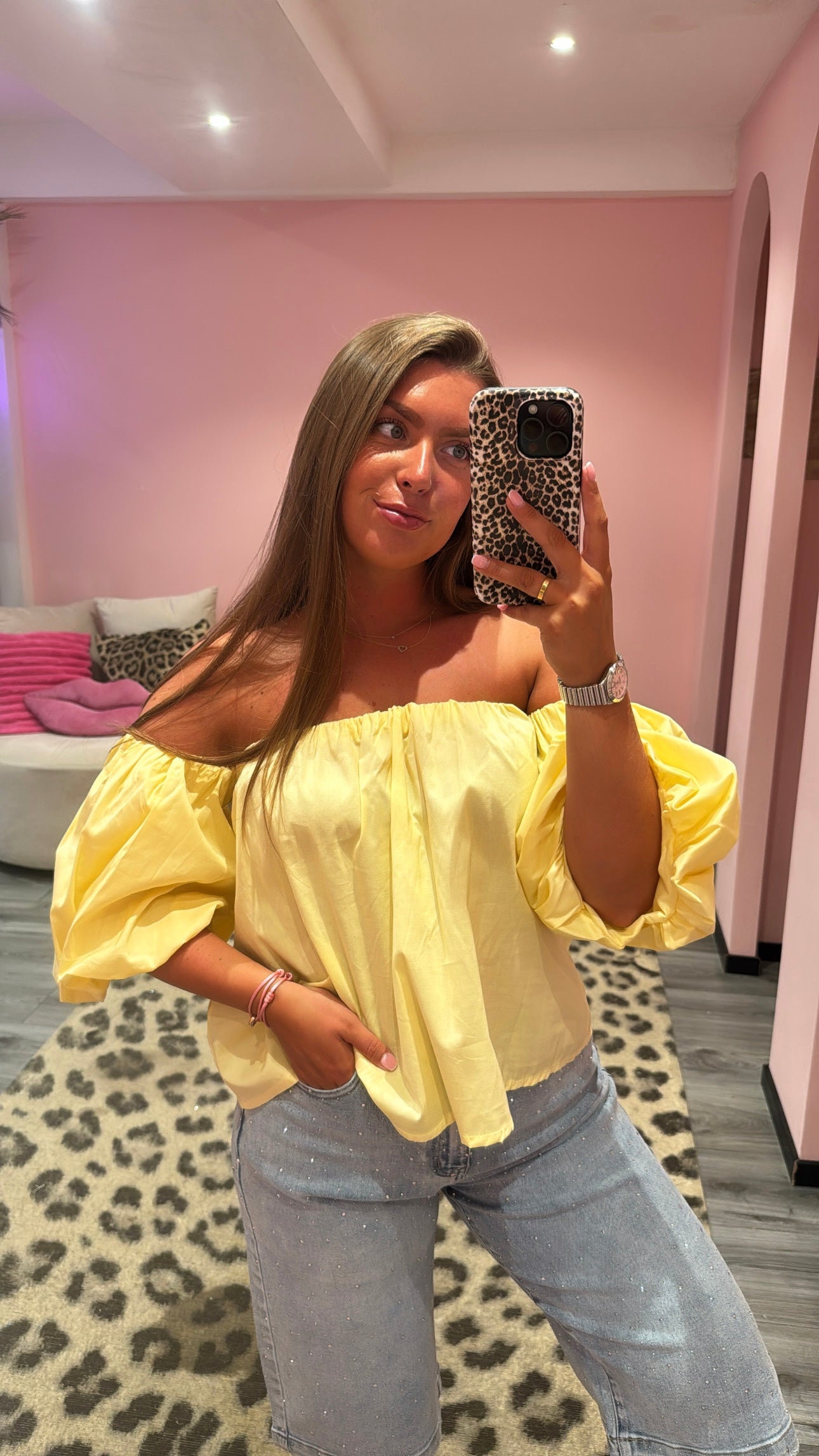 Off Shoulder Balloon Top Geel