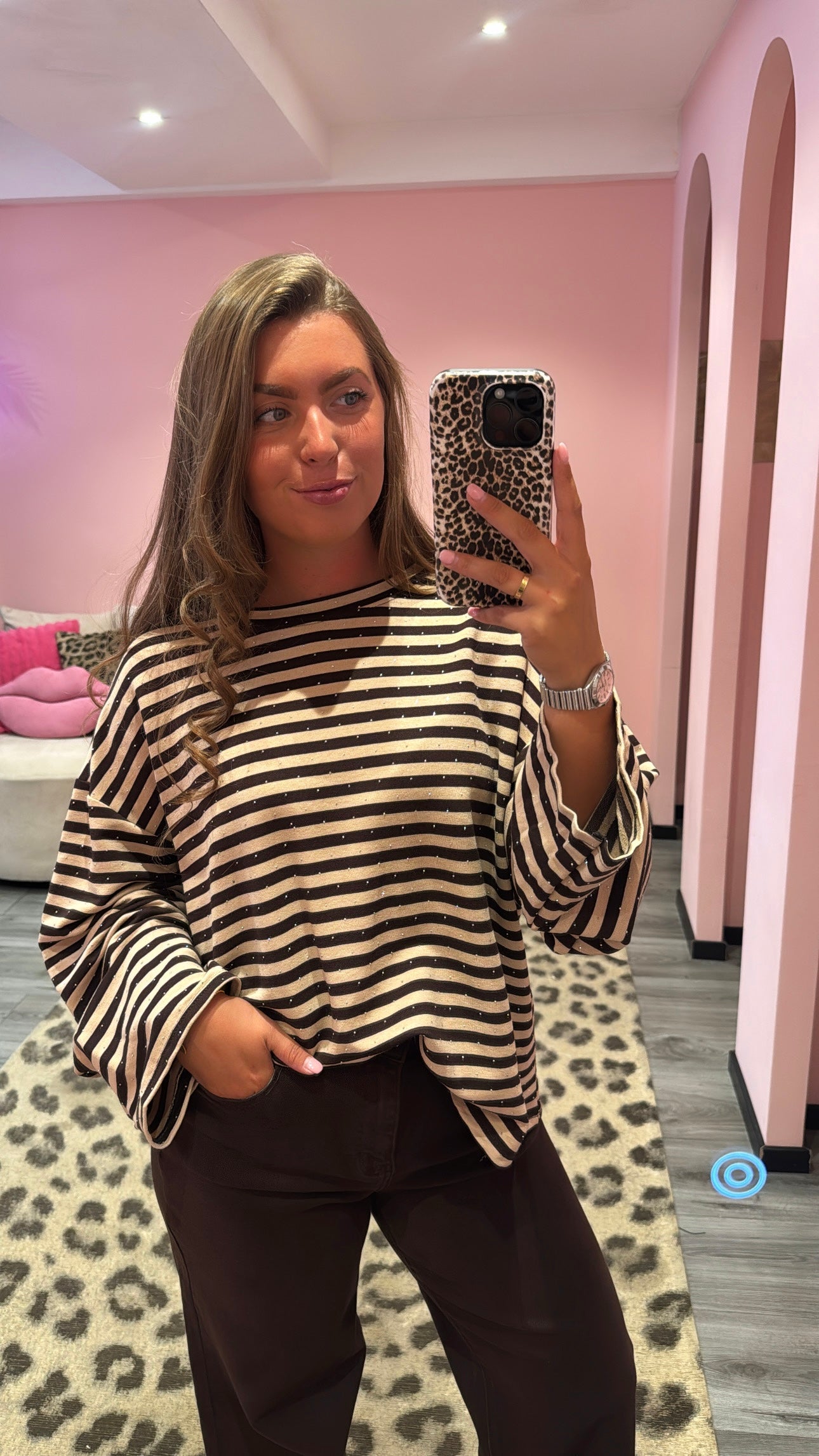 Striped Strass Longsleeve Beige/Bruin