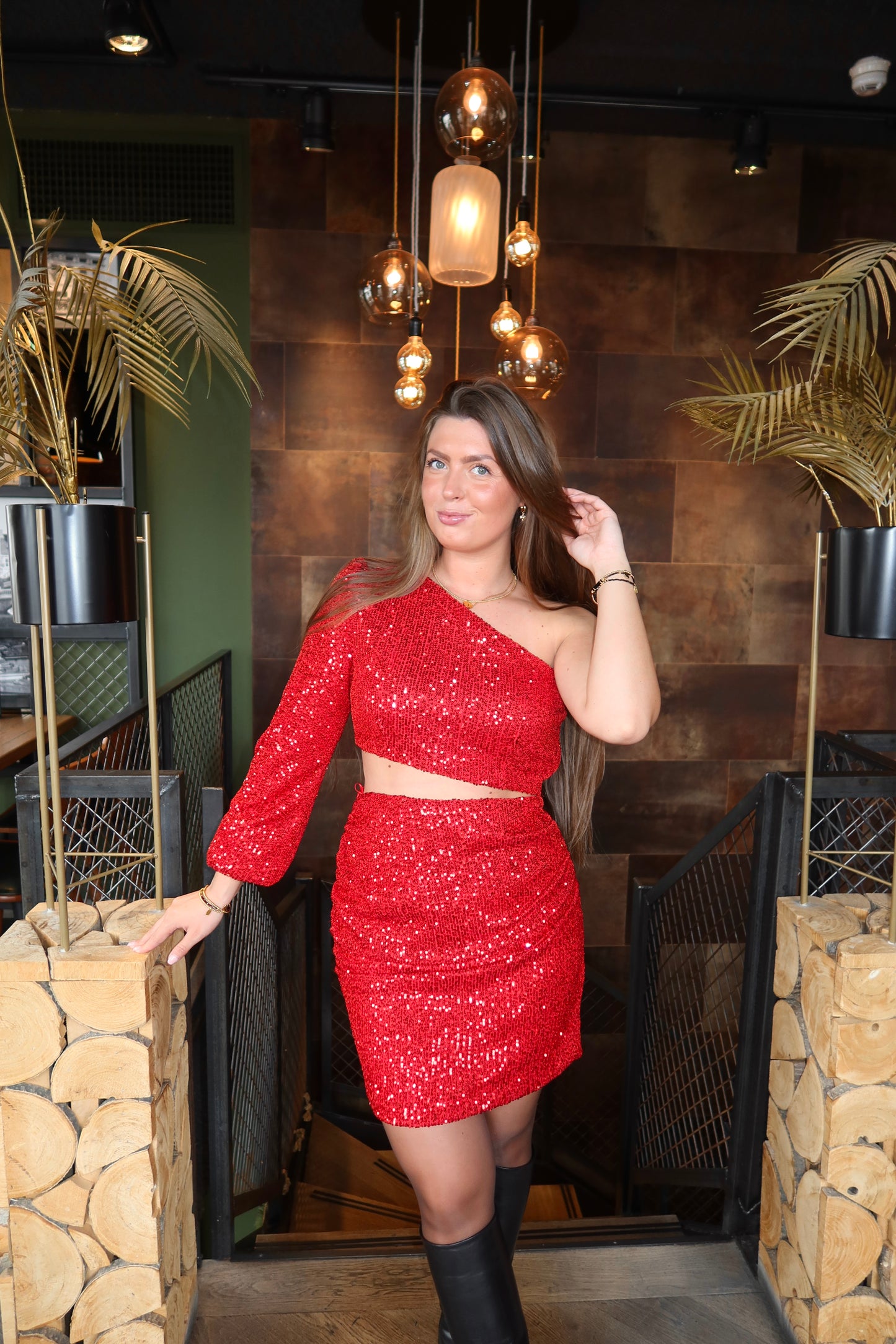 Party Glitter One Shoulder Cut Out Jurkje Rood