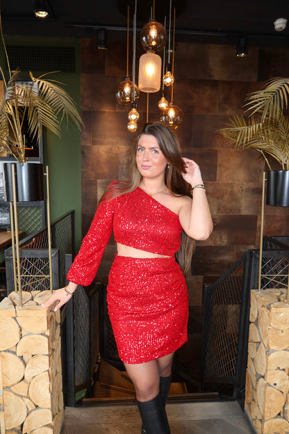 Party Glitter One Shoulder Cut Out Jurkje Rood