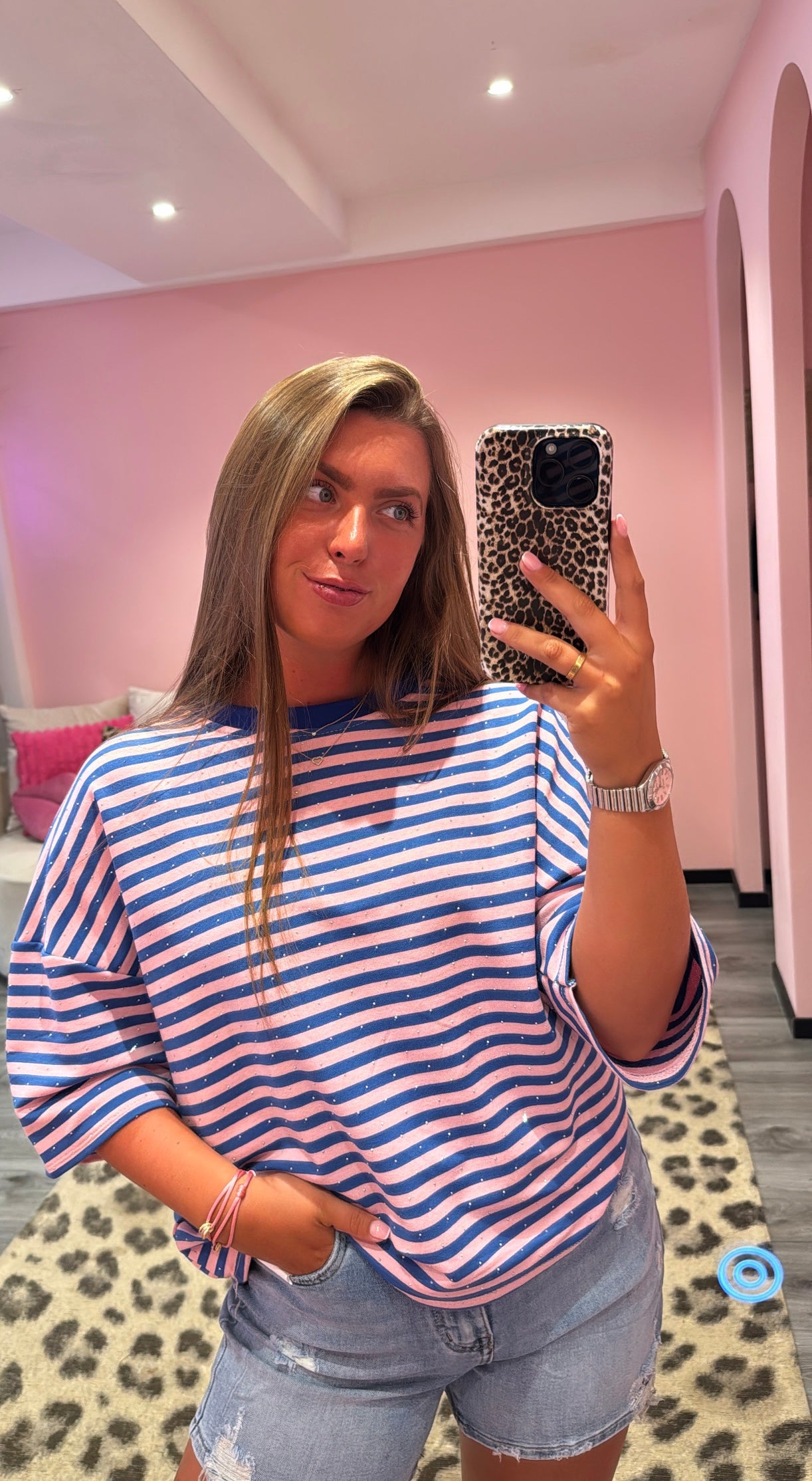 Striped Strass T-Shirt Kobalt/Roze