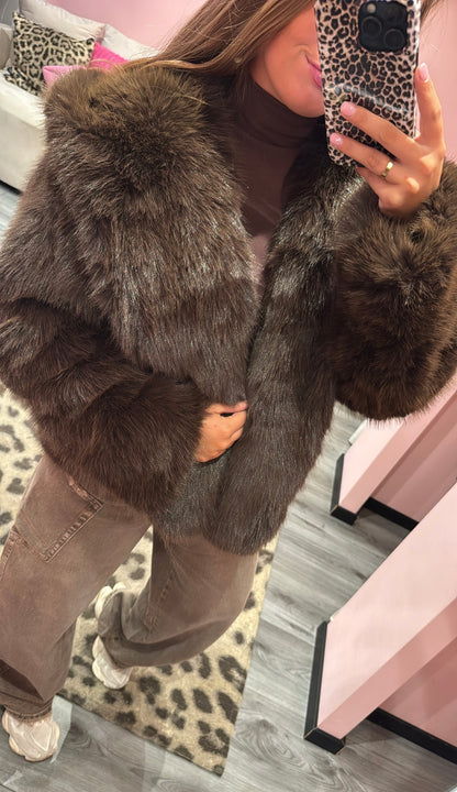 Milano Faux Fur Jacket Brown Capuchon