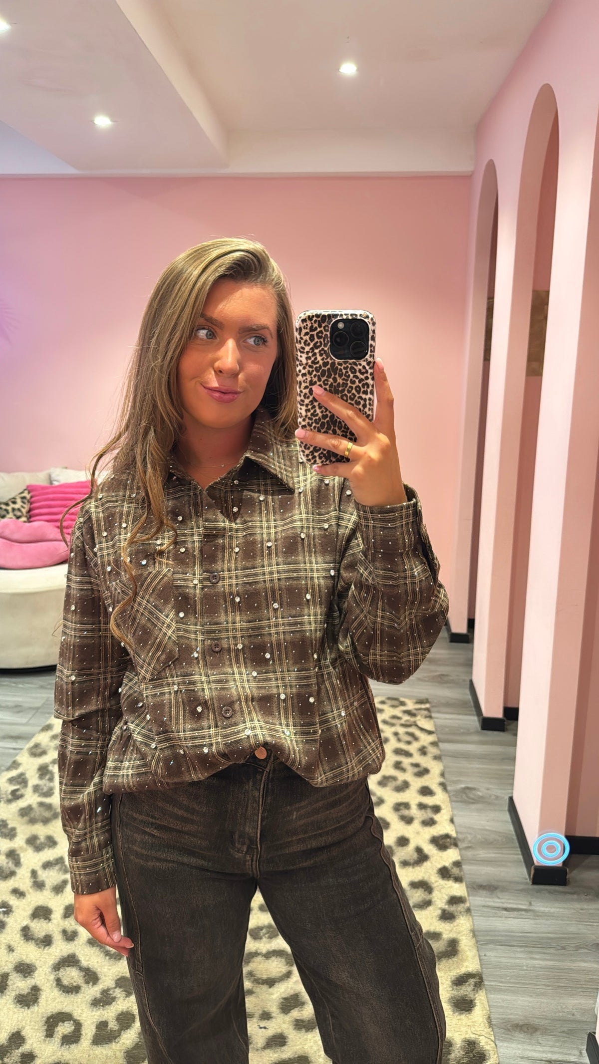 Flannel Sparkle Strass Blouse Bruin 3915