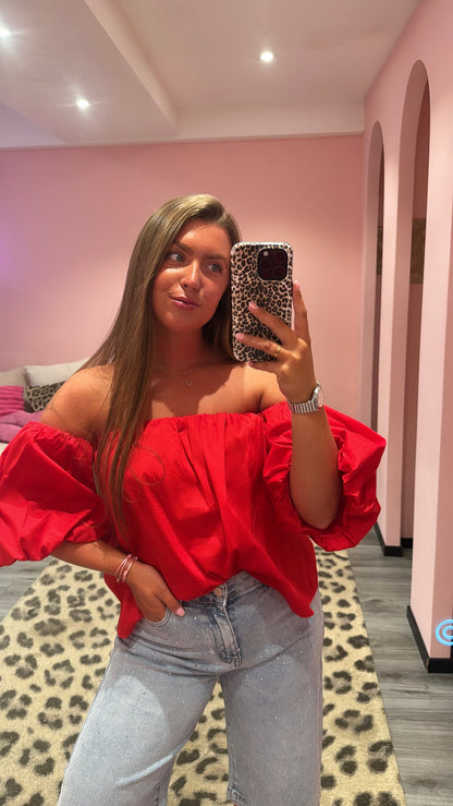Off Shoulder Balloon Top Rood