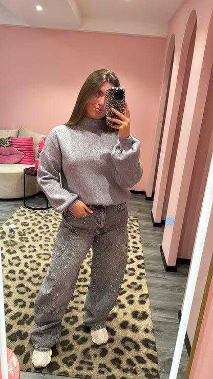 Queen Hearts Barrel/Balloon Strass Jeans Grijs 3890