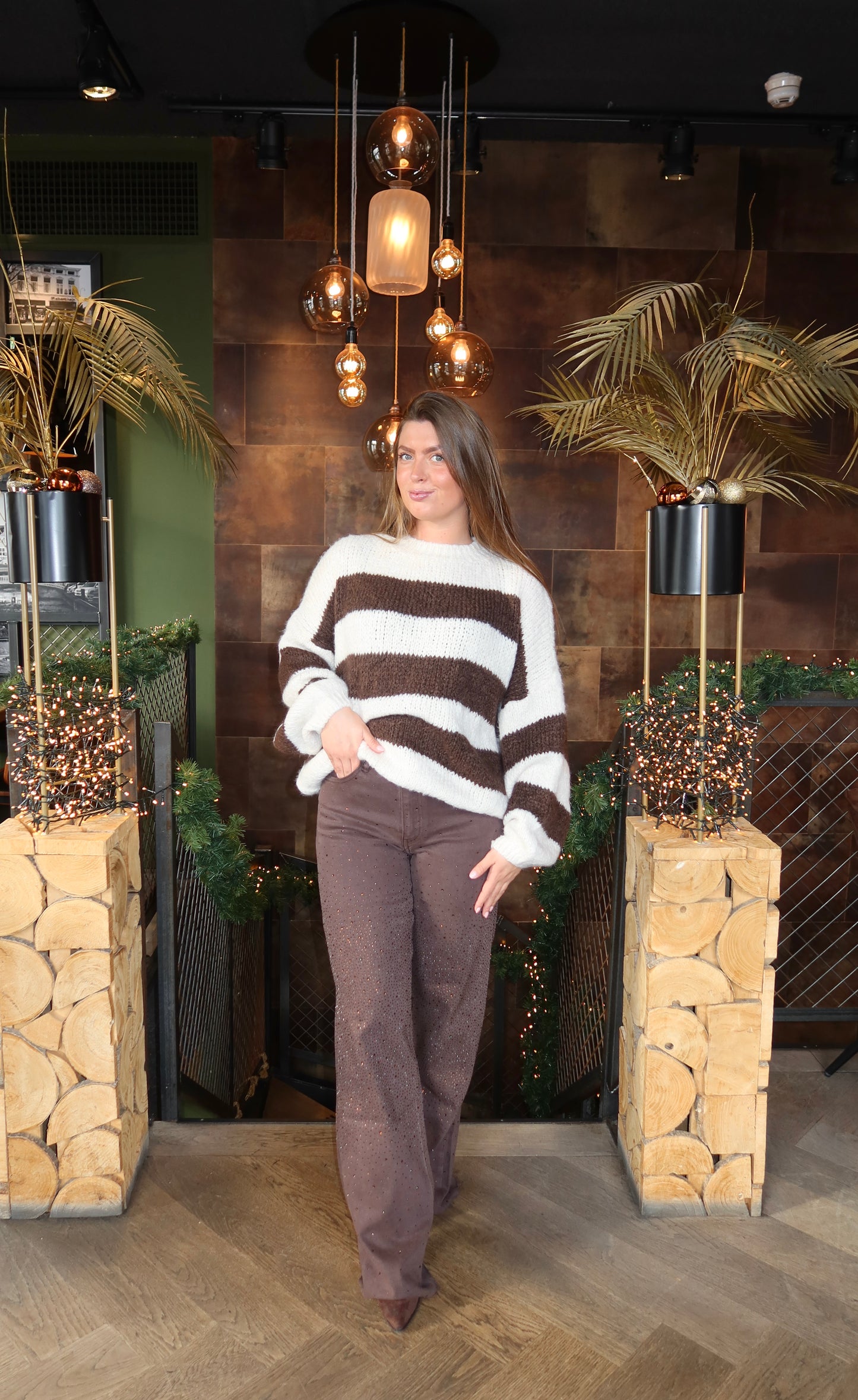 Soft Knitted Trui Streep Bruin/Off White