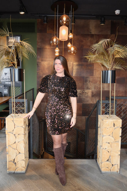 Velvet Paillet Jurkje Goud/Zwart