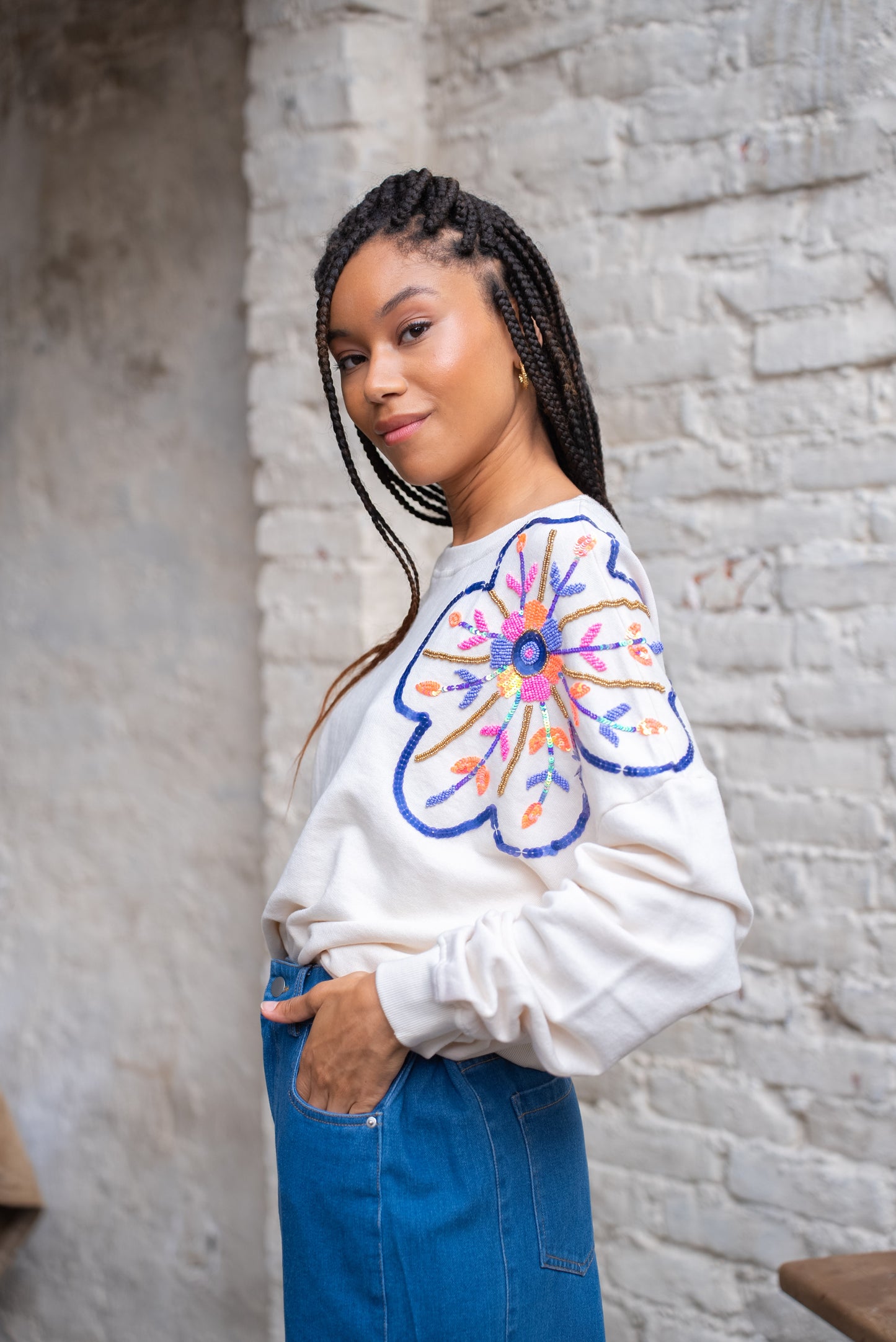 Gold&Silver Flower Sweater Off White