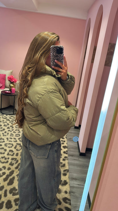 Strass Puffer Jacket Olive Groen
