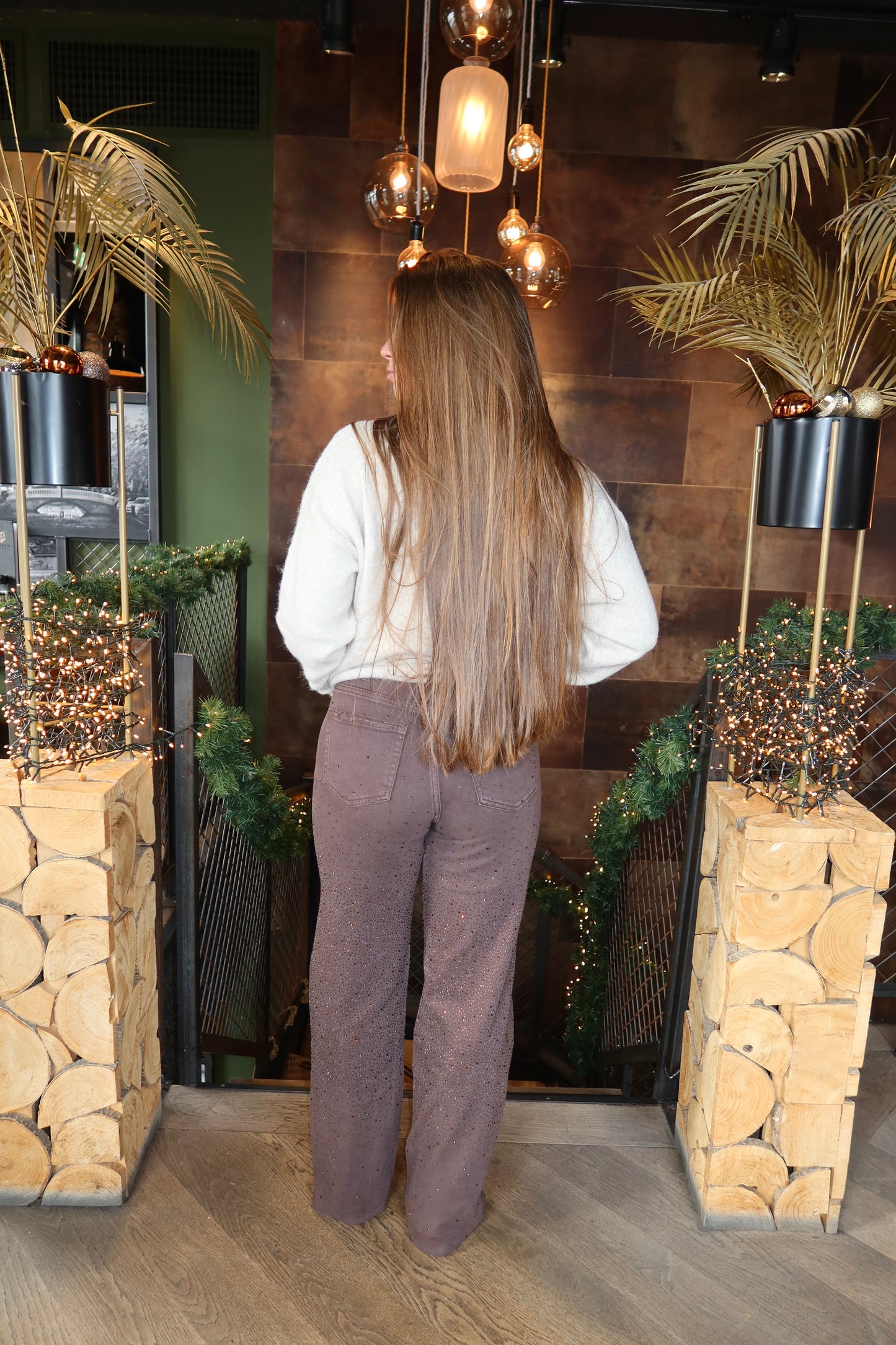 Wide Leg Jeans Queen Hearts Bruin Strass Extra Lang 3908