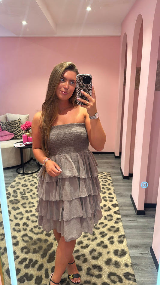 Valentina Bandeau Ruffle Dress Taupe