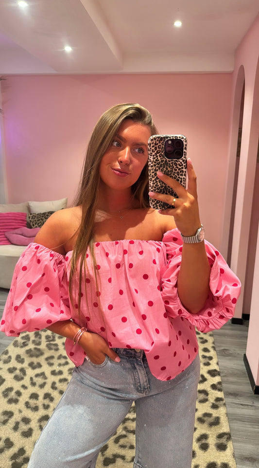 Off Shoulder Balloon Top Dots Roze/Rood