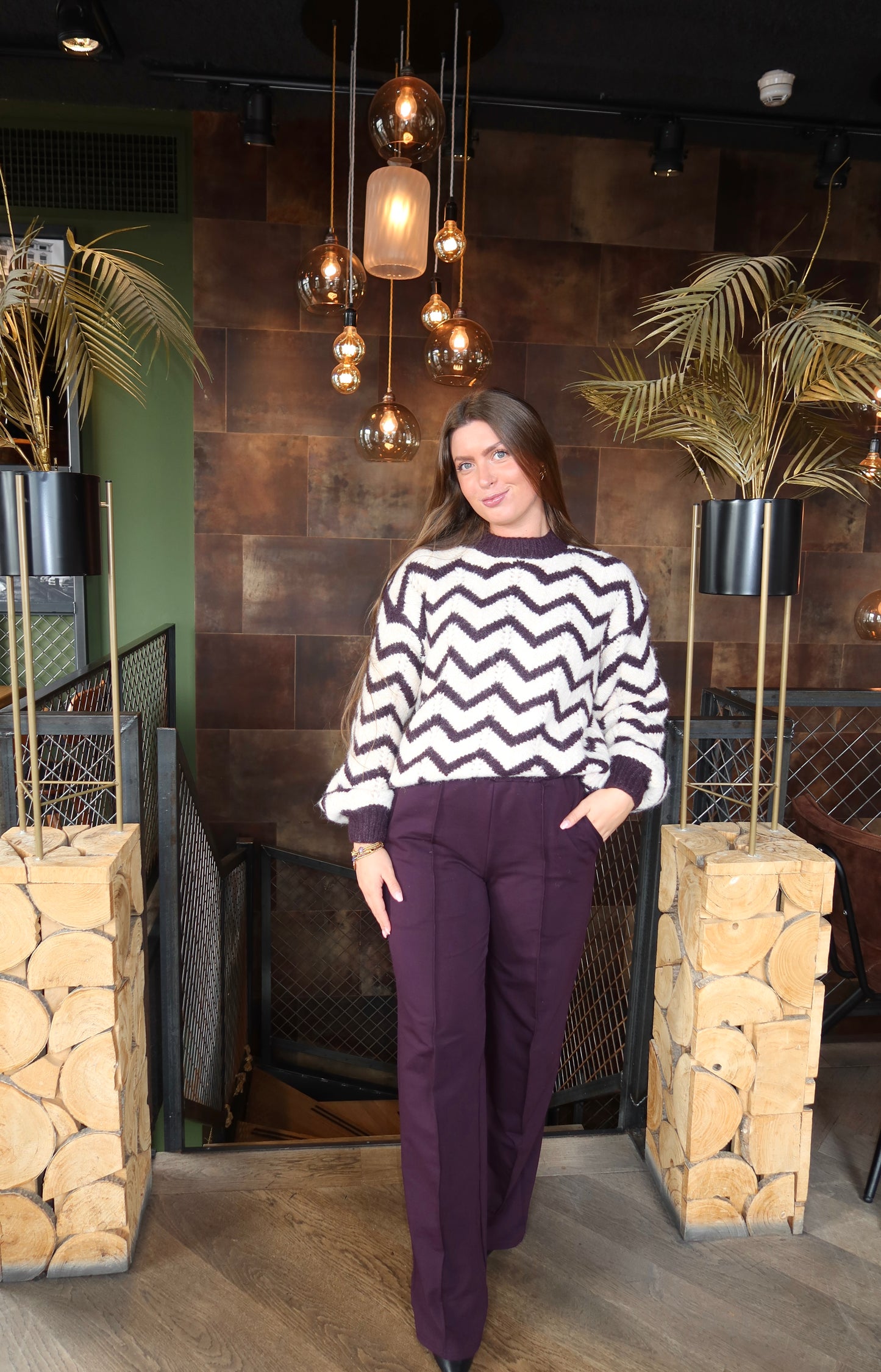 Knitted Zigzag Trui Aubergine