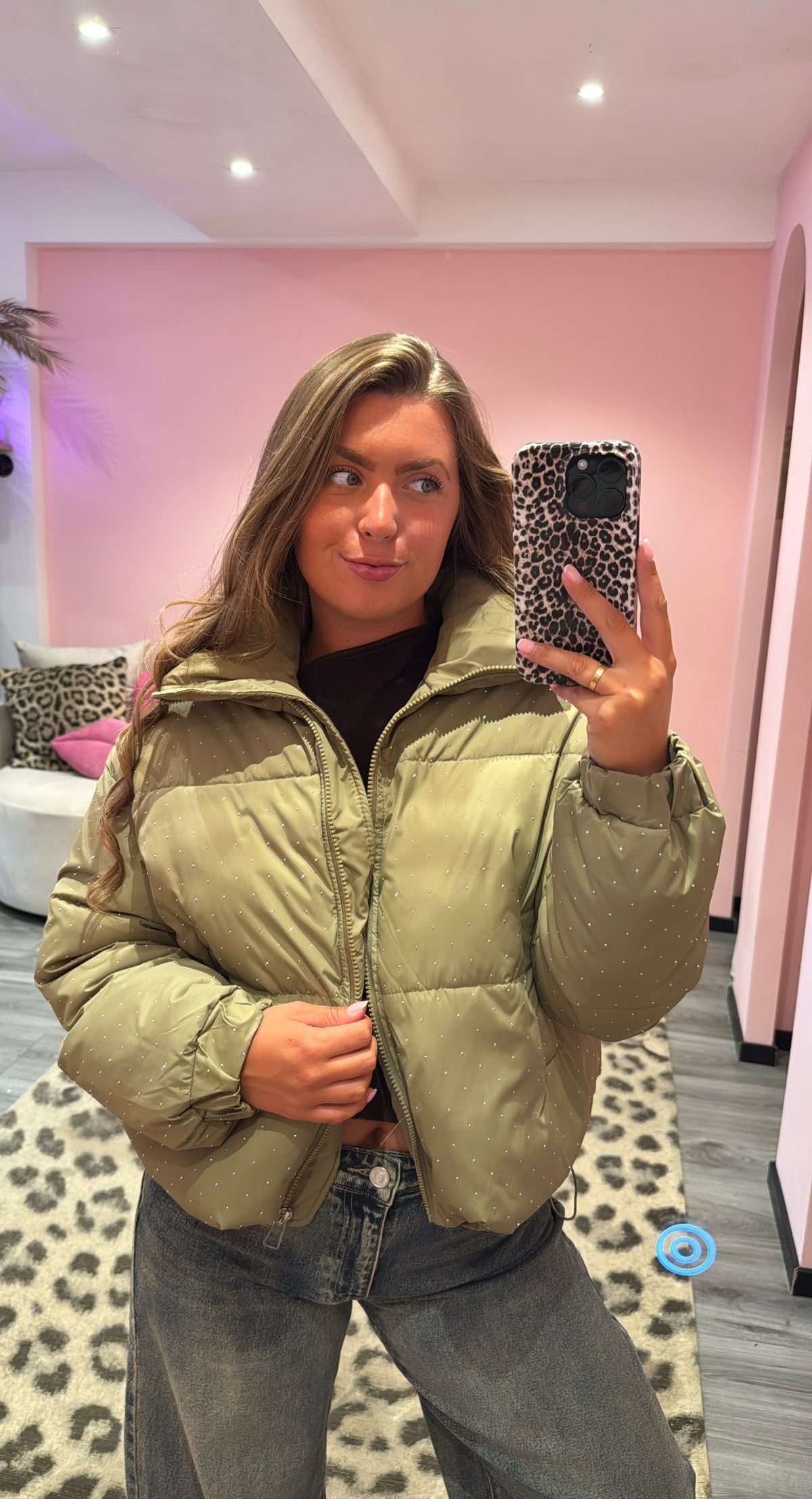 Strass Puffer Jacket Olive Groen