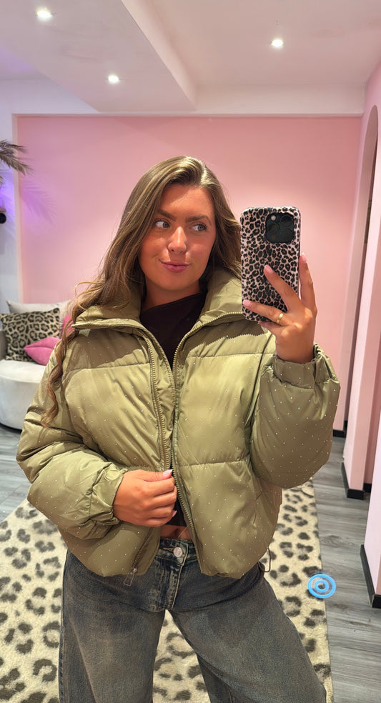 Strass Puffer Jacket Olive Groen