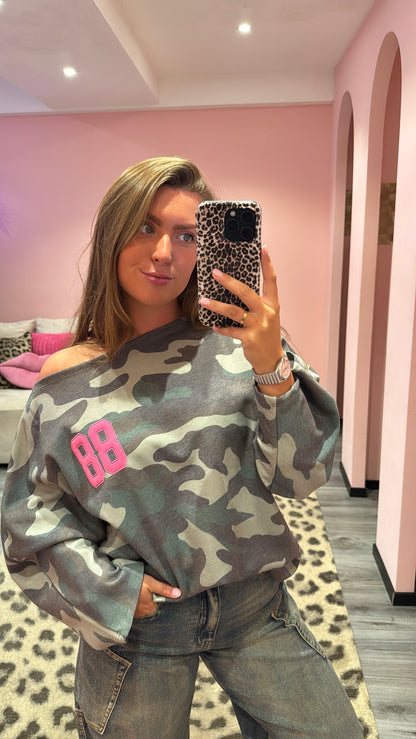 Camouflage Off Shoulder Sweater Groen 514-1