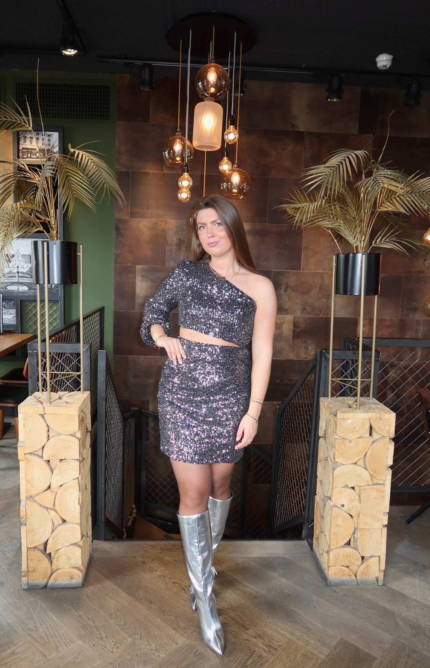 Party Glitter One Shoulder Cut Out Jurkje Zwart/Zilver