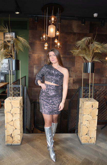 Party Glitter One Shoulder Cut Out Jurkje Zwart/Zilver