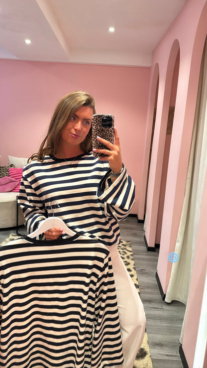 Streep Top Met Schoudervulling Navy/Wit