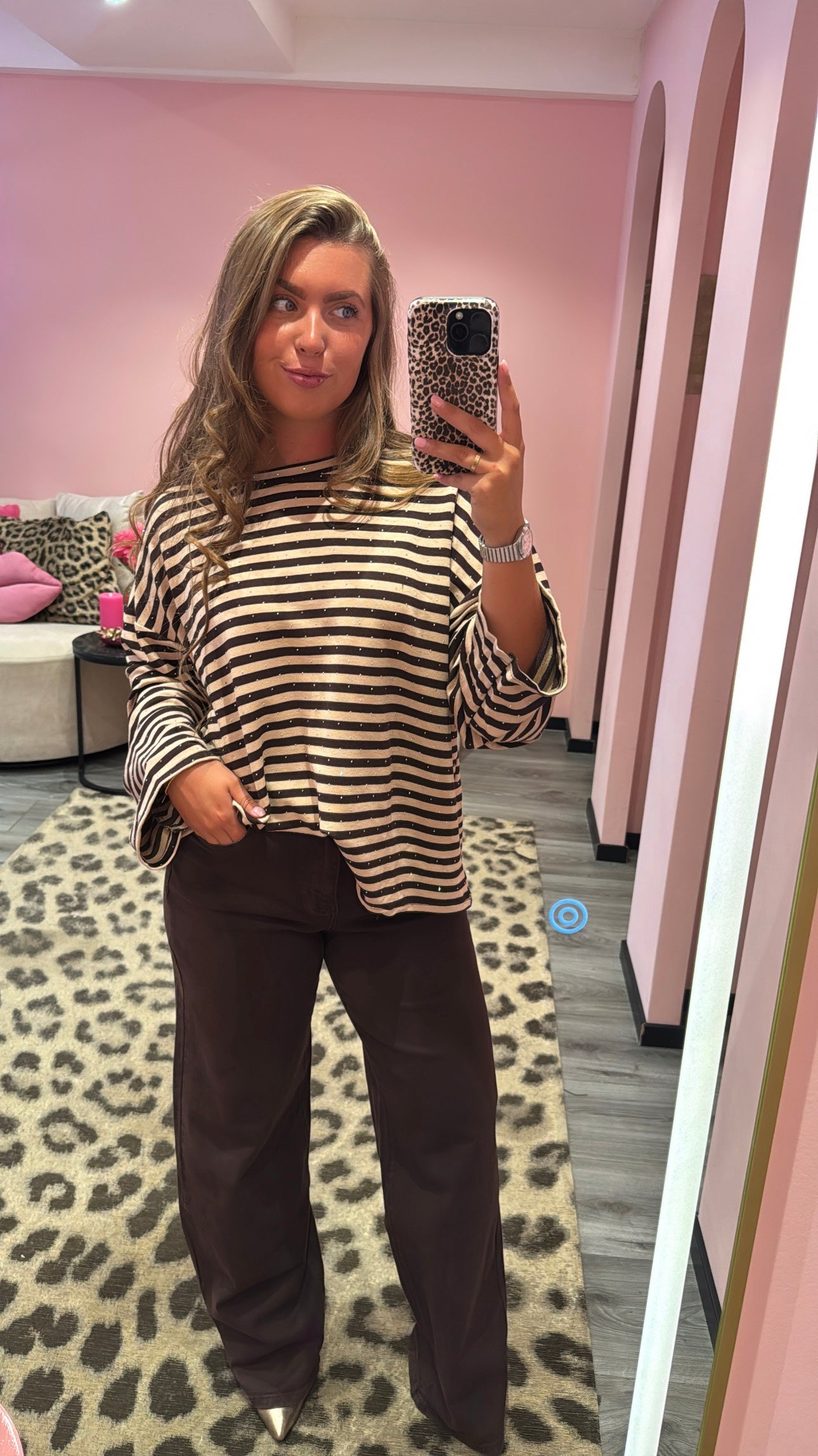 Striped Strass Longsleeve Beige/Bruin