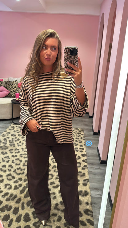 Striped Strass Longsleeve Beige/Bruin